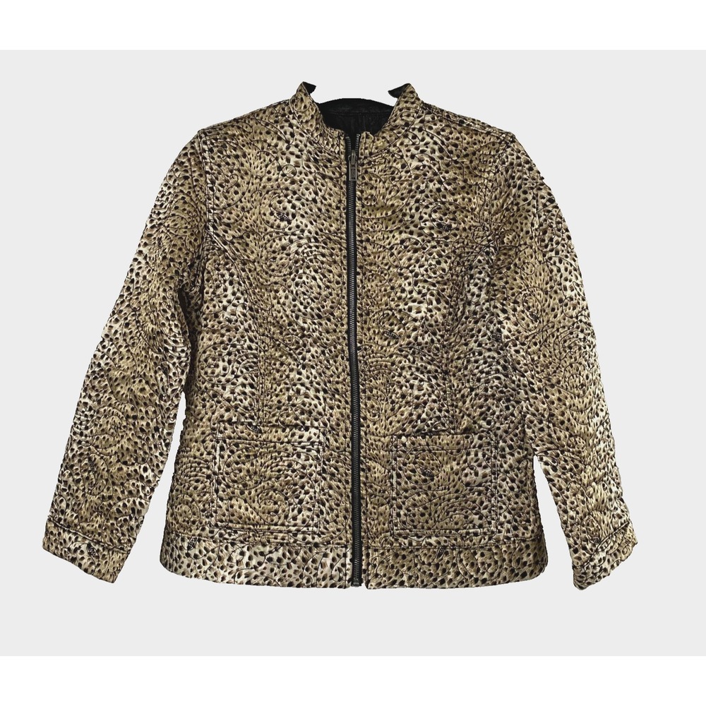 Chico's Quilted Animal Print Reversible Jacket Satin Gold  Size 0 (S/M) Full Zip